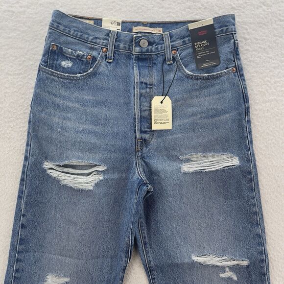 Levis Jeans Women 30 Blue Ribcage Straight Ankle Destroy Grunge Premium Denim - Picture 2 of 16